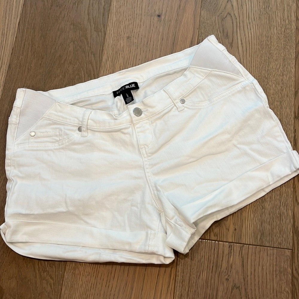 Indigo blue white jean maternity shorts